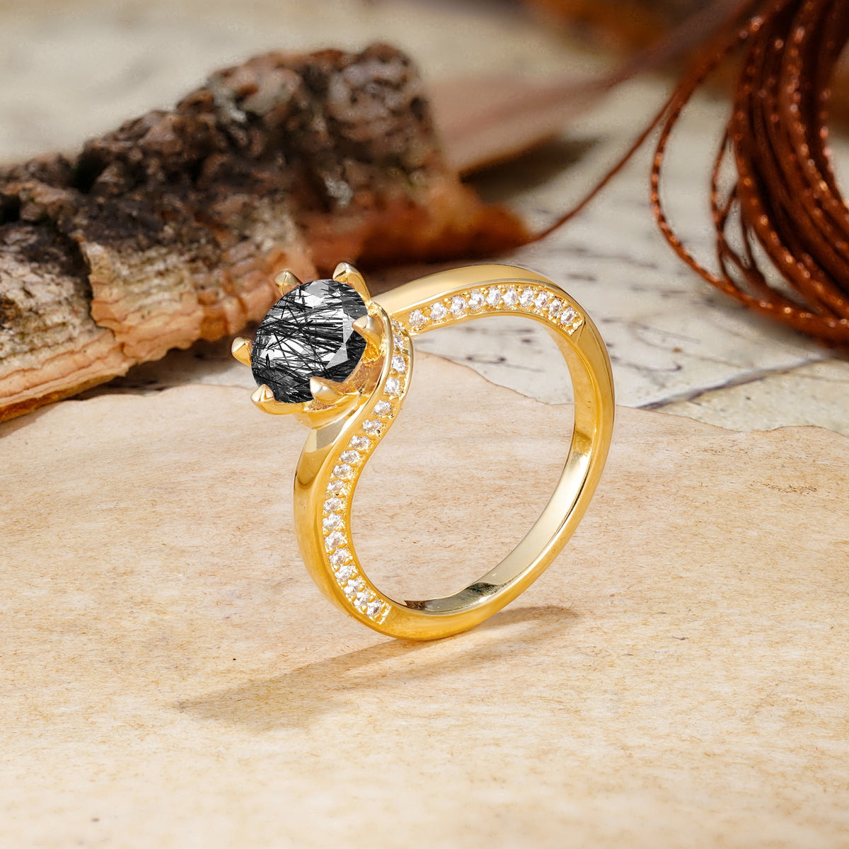 Classic Unique 6-Prong Round Cut Black Rutilated Quartz Engagement Ring - Additional view