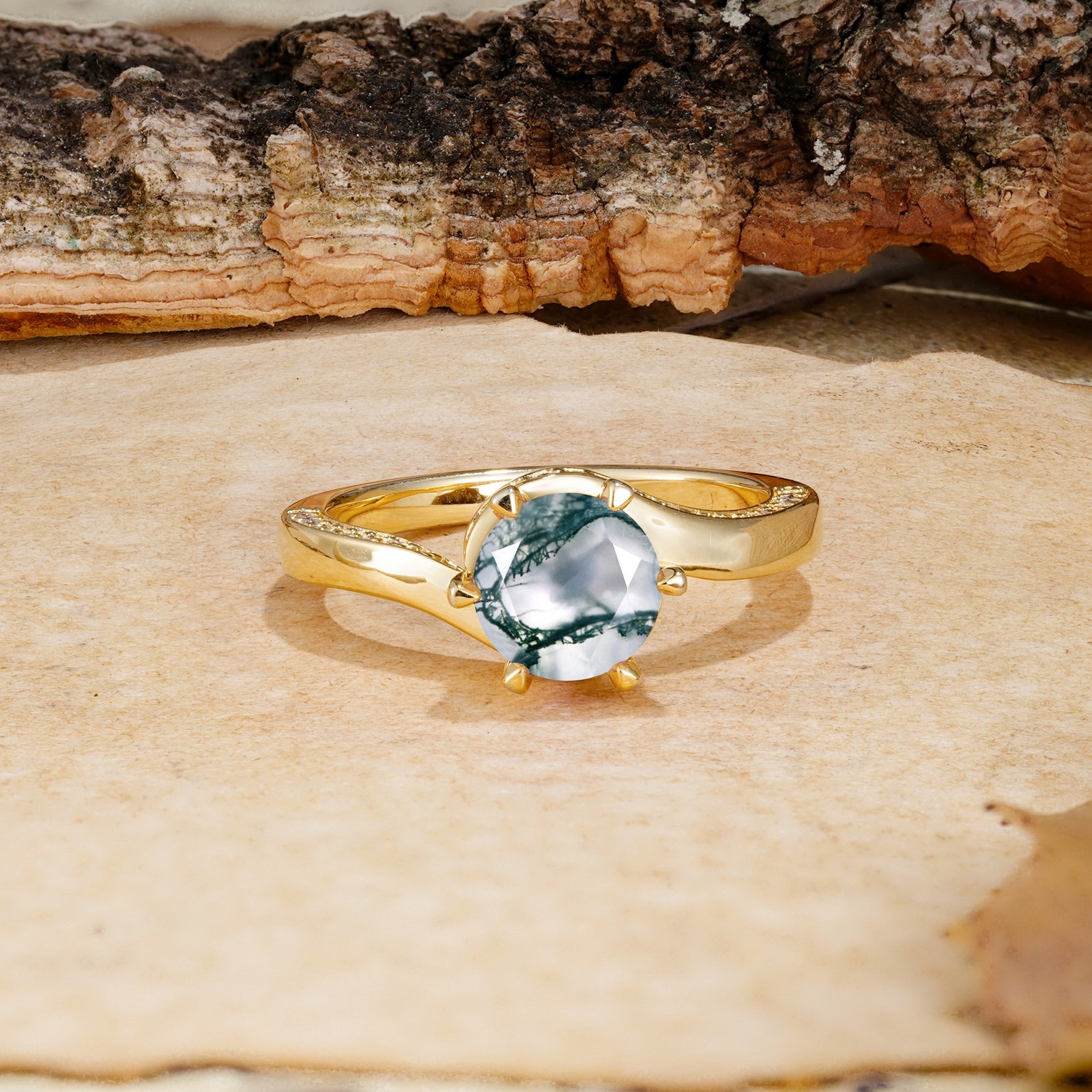 Classic Unique 6-Prong Round Cut Moss Agate Engagement Ring - Additional view