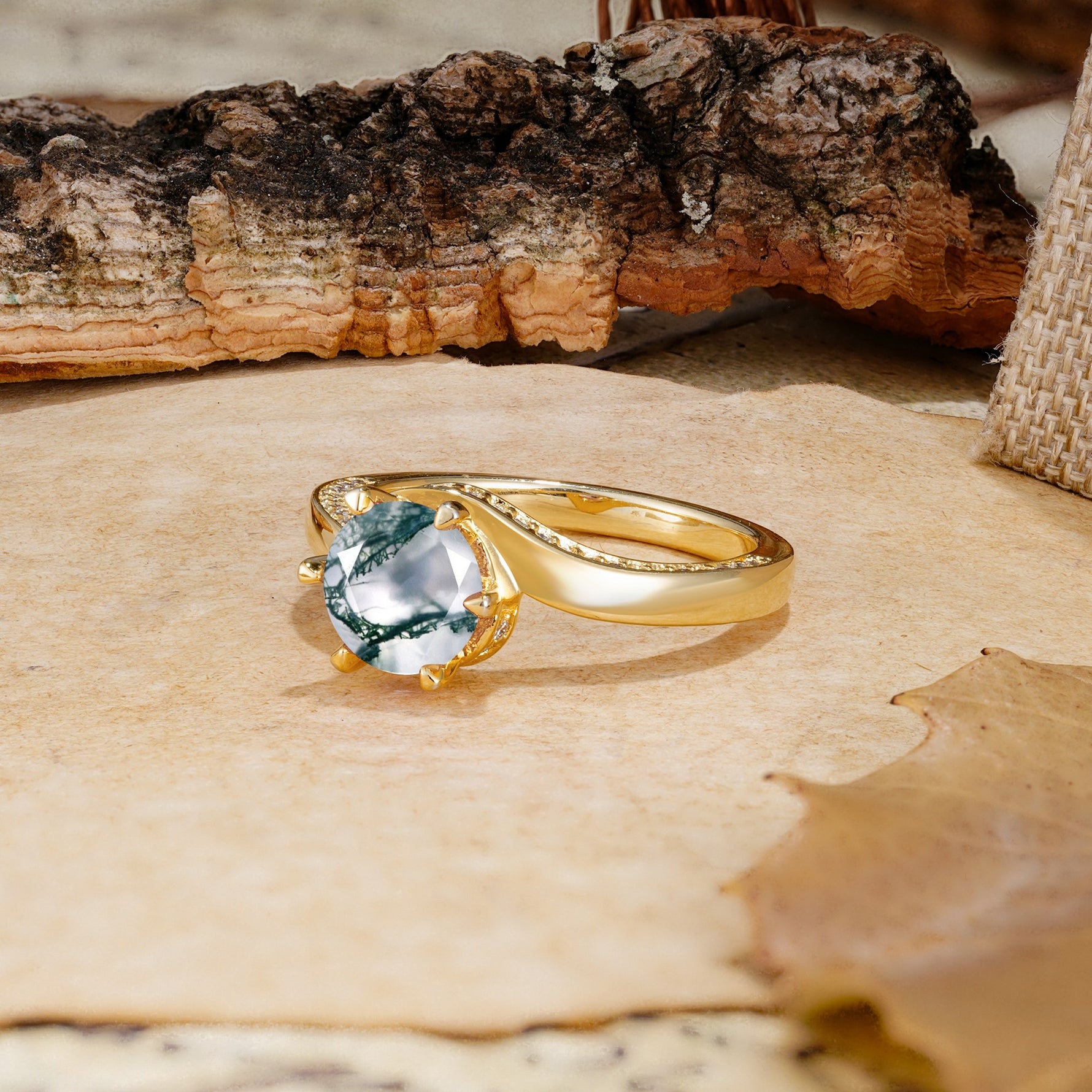 Classic Unique 6-Prong Round Cut Moss Agate Engagement Ring - Additional view