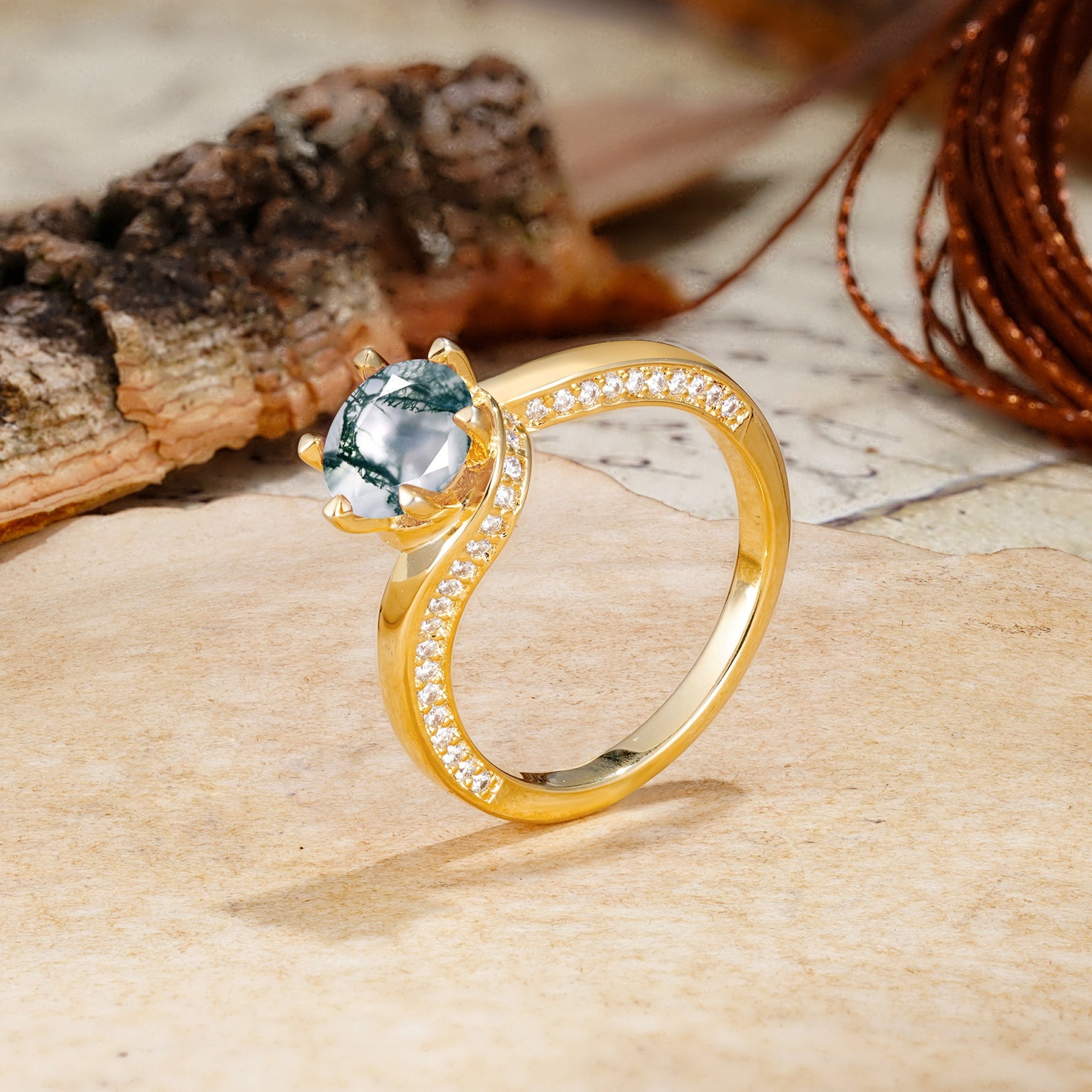 Classic Unique 6-Prong Round Cut Moss Agate Engagement Ring - Additional view