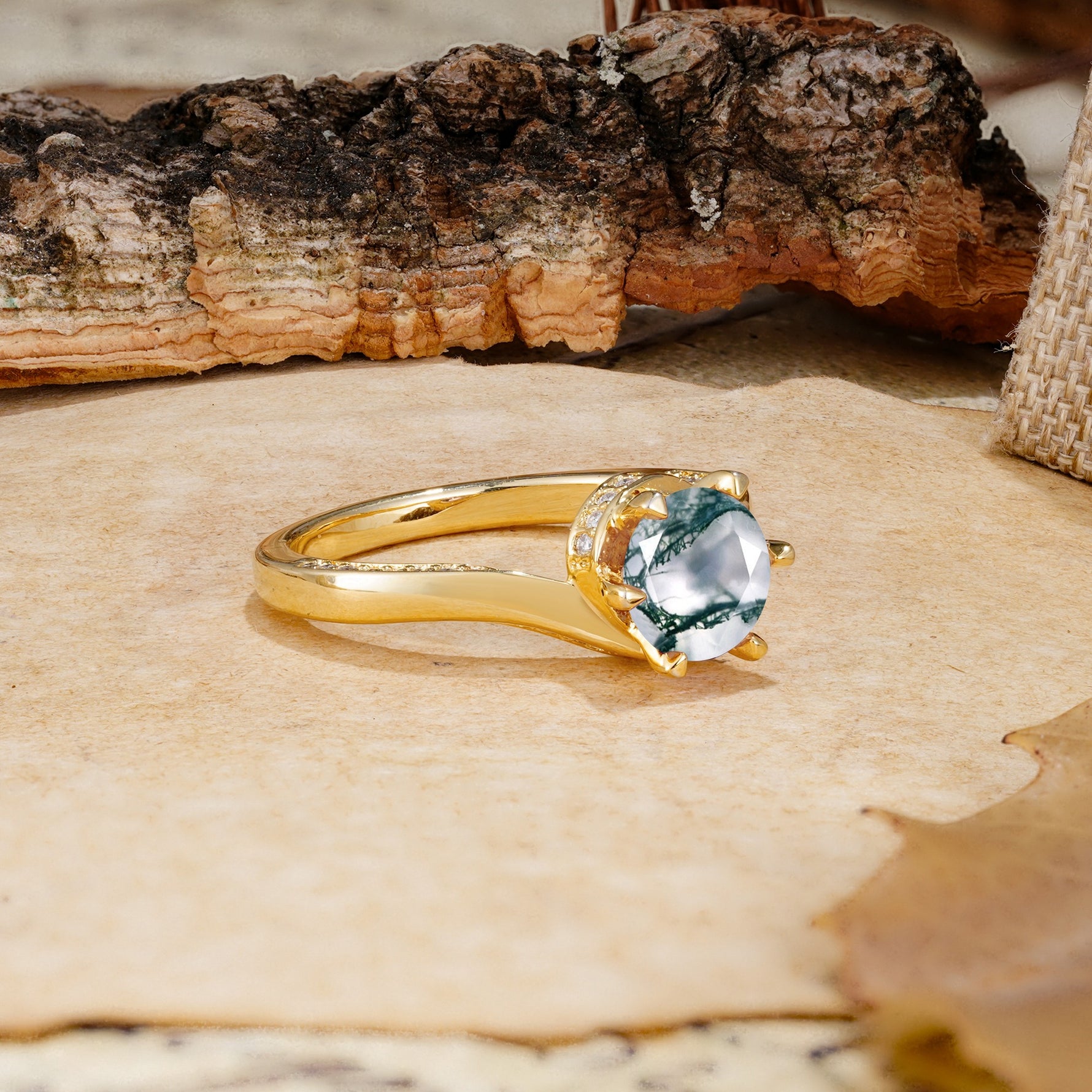 Classic Unique 6-Prong Round Cut Moss Agate Engagement Ring - Additional view