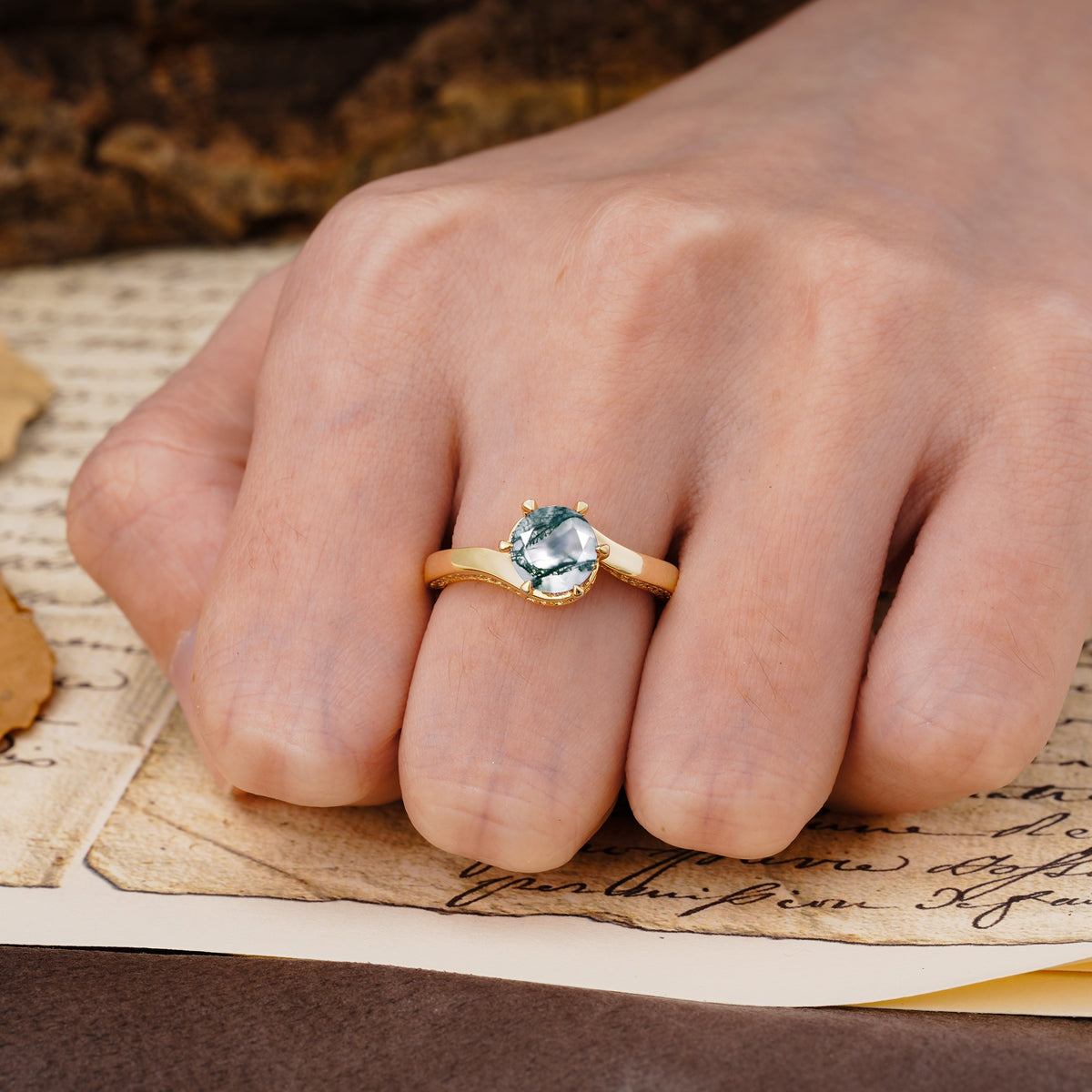 Classic Unique 6-Prong Round Cut Moss Agate Engagement Ring - Additional view