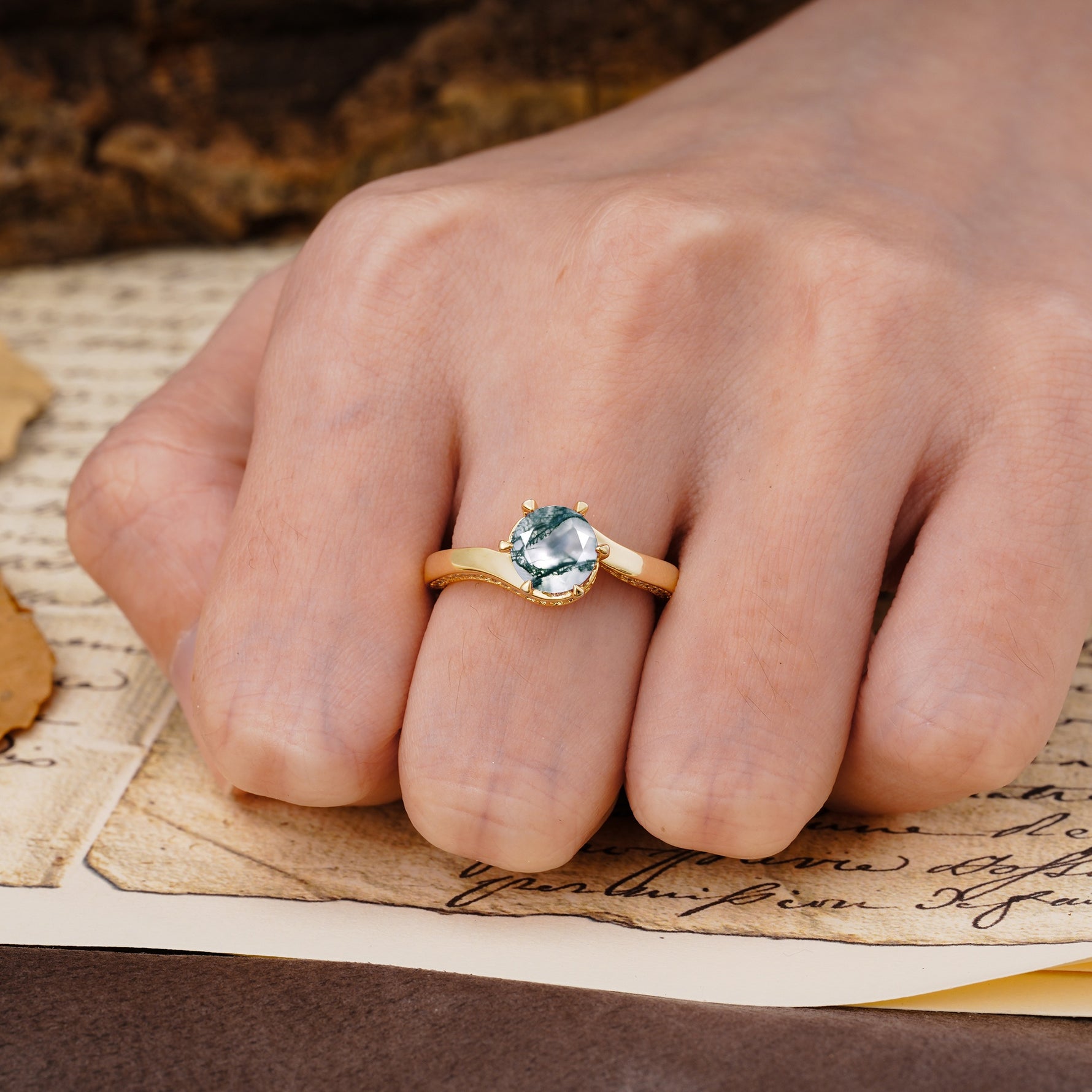 Classic Unique 6-Prong Round Cut Moss Agate Engagement Ring - Additional view