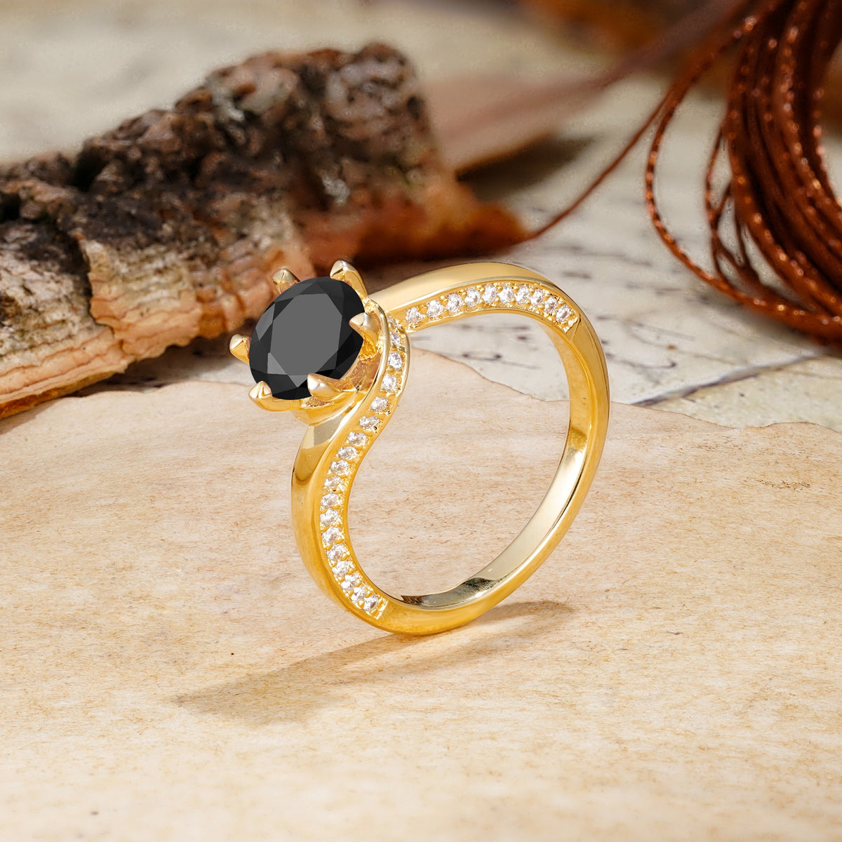 Classic Unique 6-Prong Round Cut Black Onyx Engagement Ring - Additional view