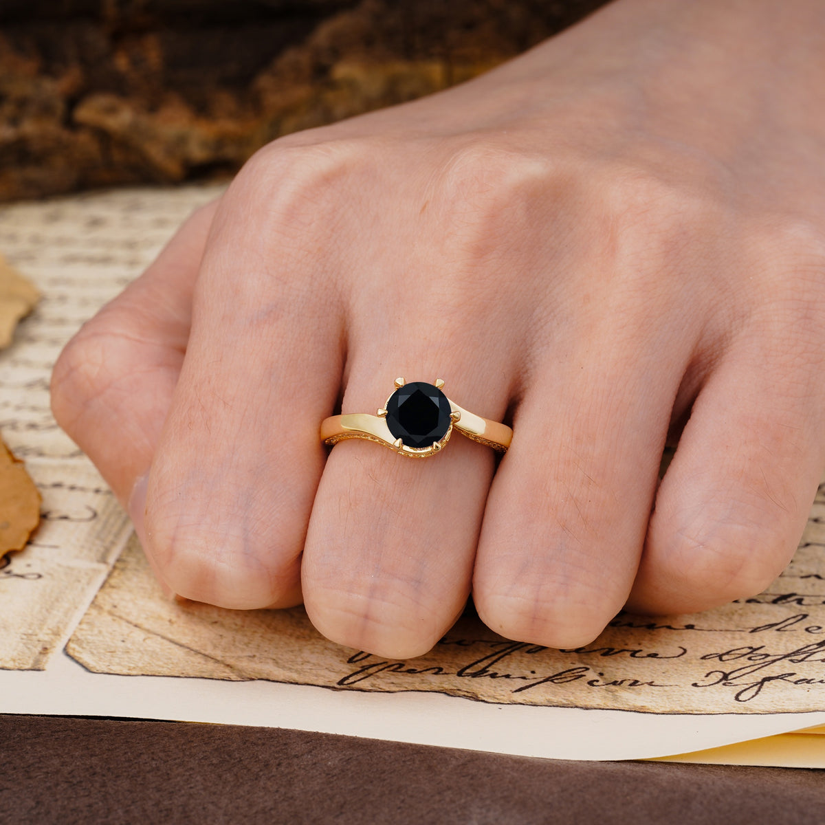 Classic Unique 6-Prong Round Cut Black Onyx Engagement Ring - Additional view