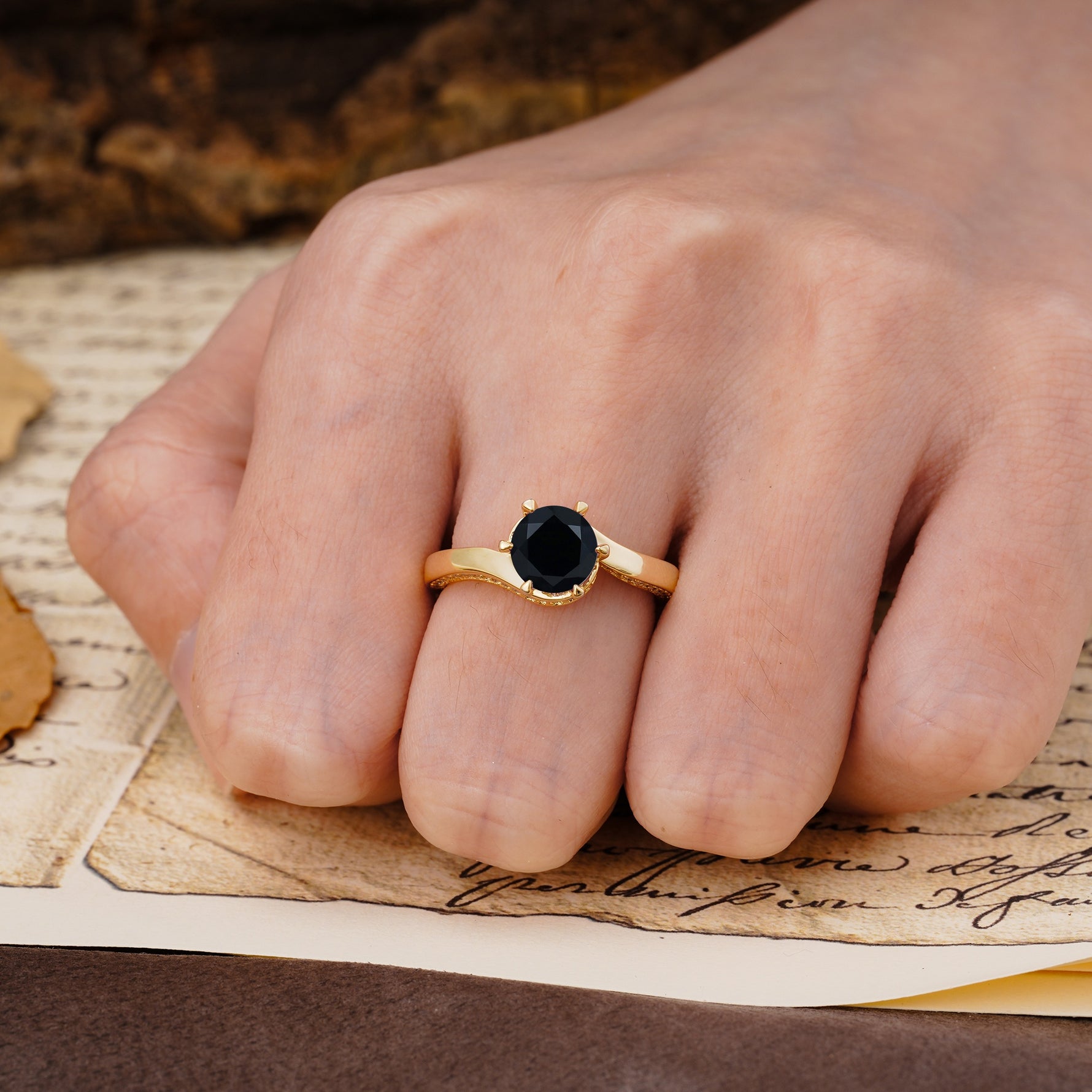 Classic Unique 6-Prong Round Cut Black Onyx Engagement Ring - Additional view