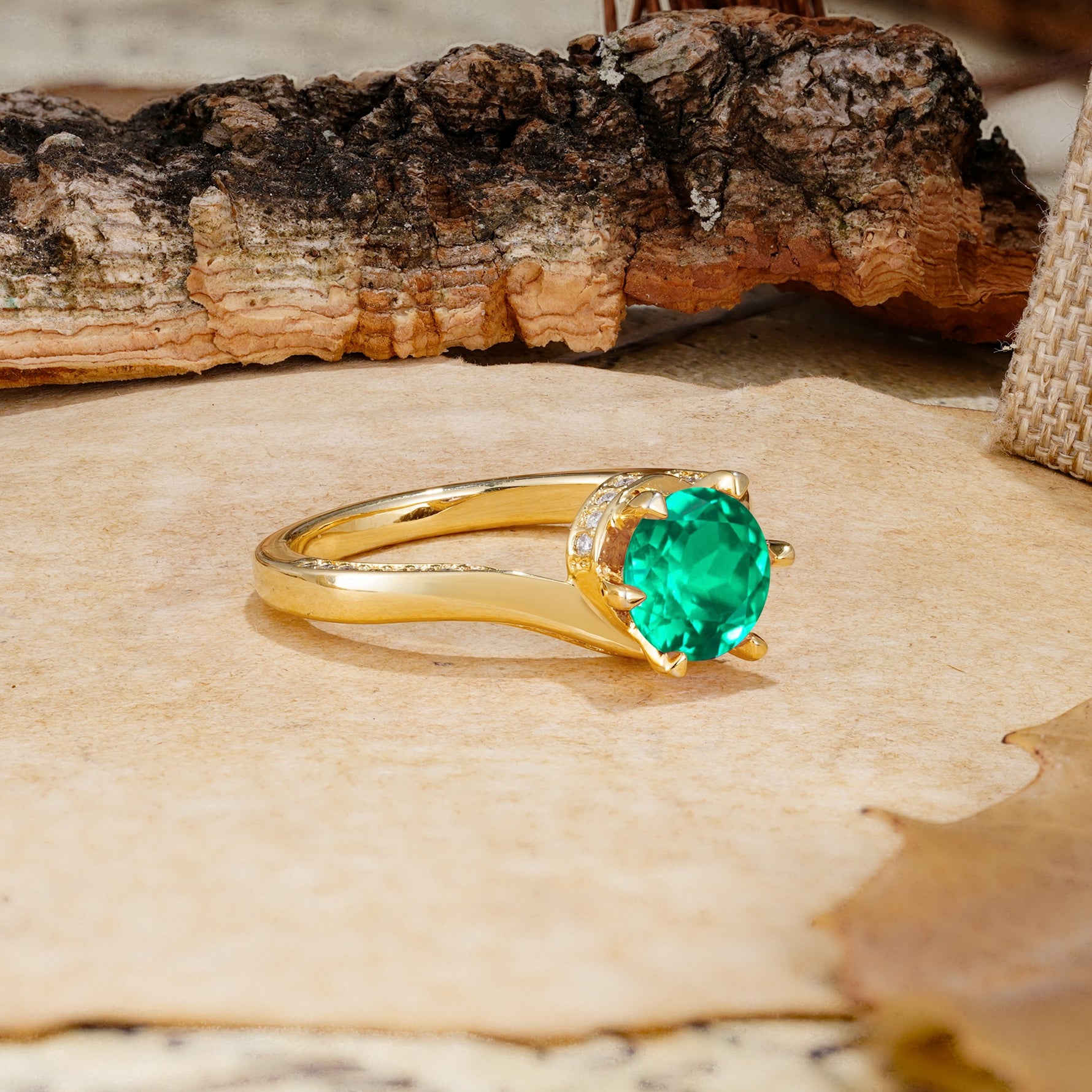 Classic Unique 6-Prong Round Cut Emerald Engagement Ring - Additional view