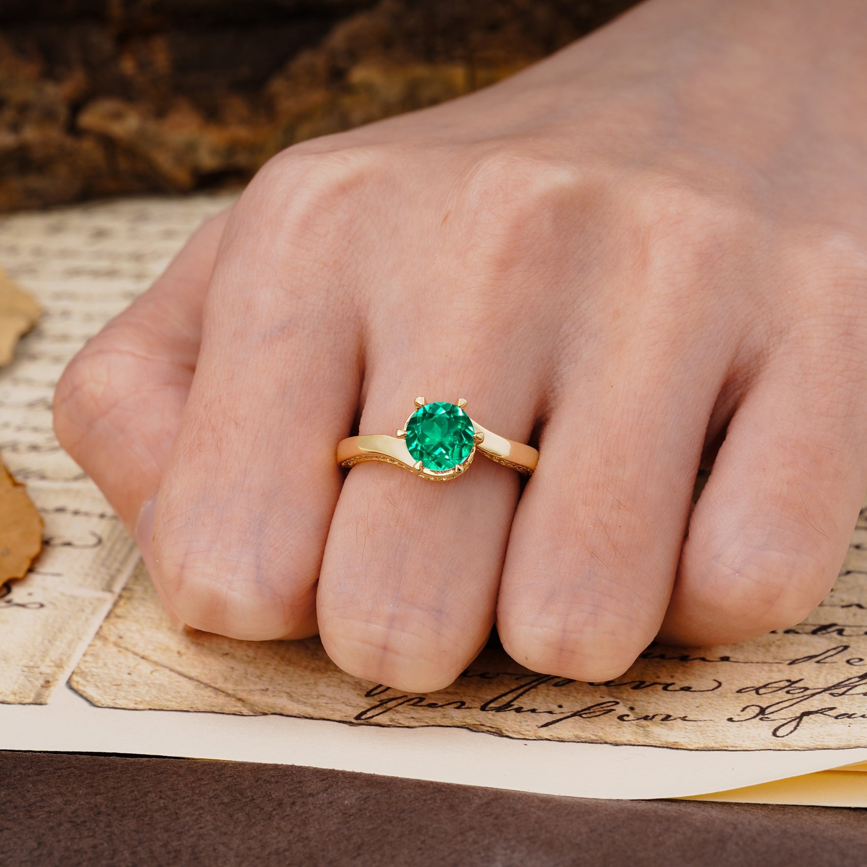 Classic Unique 6-Prong Round Cut Emerald Engagement Ring - Additional view