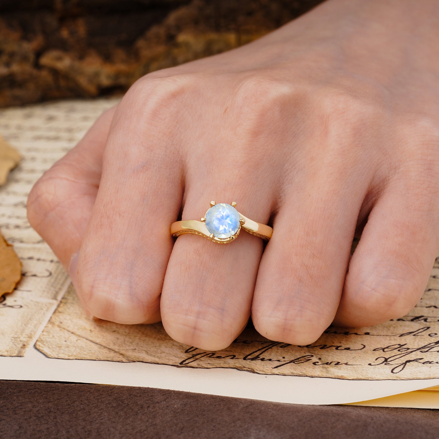 Classic Unique 6-Prong Round Cut Moonstone Engagement Ring - Additional view