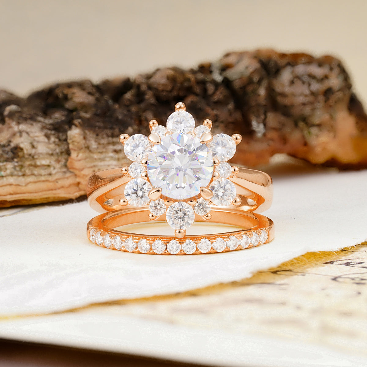 Natural Inspiration Flower Shape 4-Prong Round Cut Moissanite Wedding Bride Ring Set - Additional view