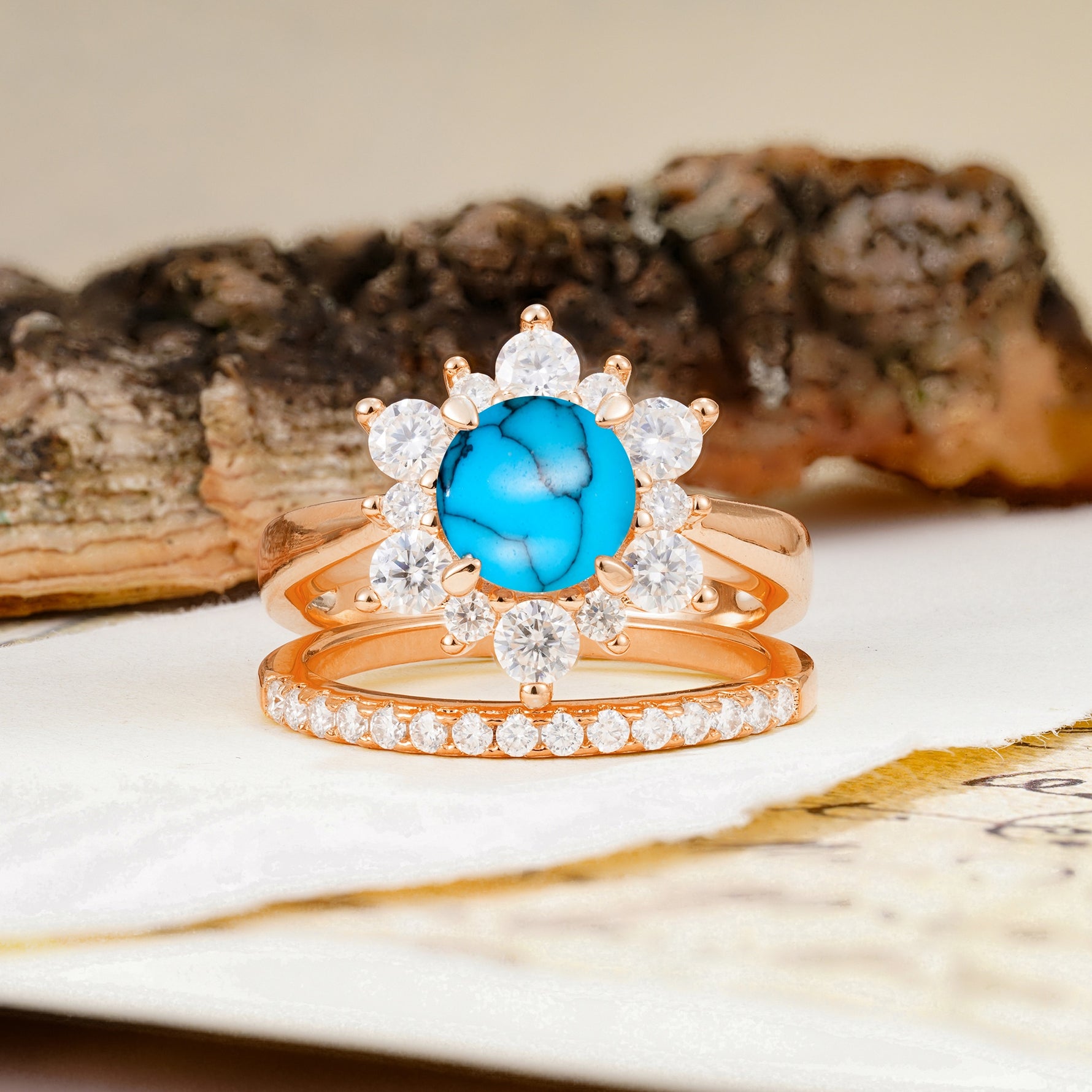 Natural Inspiration Flower Shape 4-Prong Round Cut Turquoise Wedding Bride Ring Set - Additional view