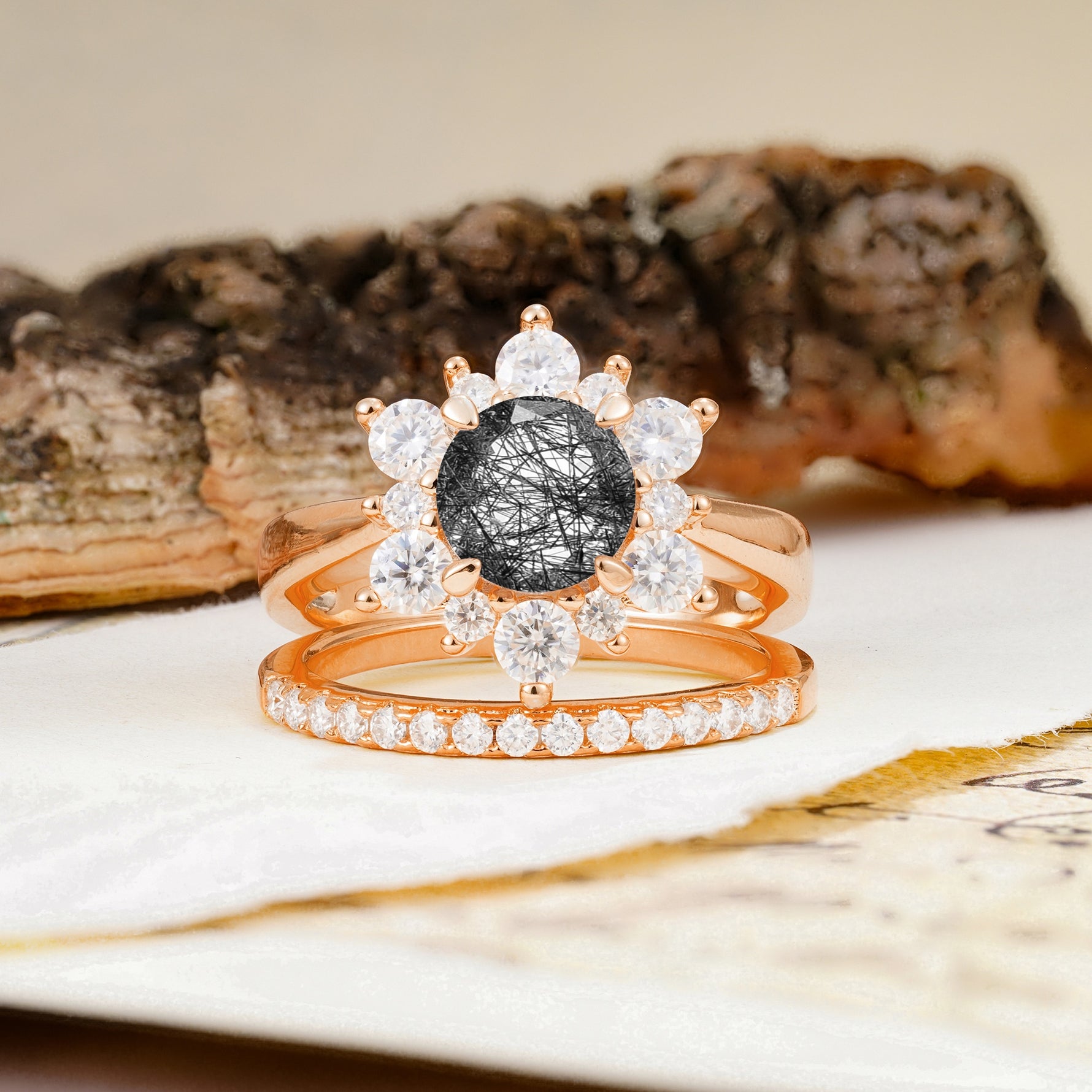 Natural Inspiration Flower Shape 4-Prong Round Cut Black Rutilated Quartz Wedding Bride Ring Set - Additional view