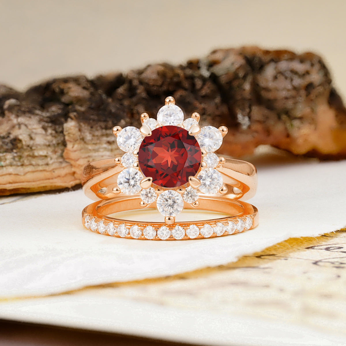 Natural Inspiration Flower Shape 4-Prong Round Cut Garnet Wedding Bride Ring Set - Additional view