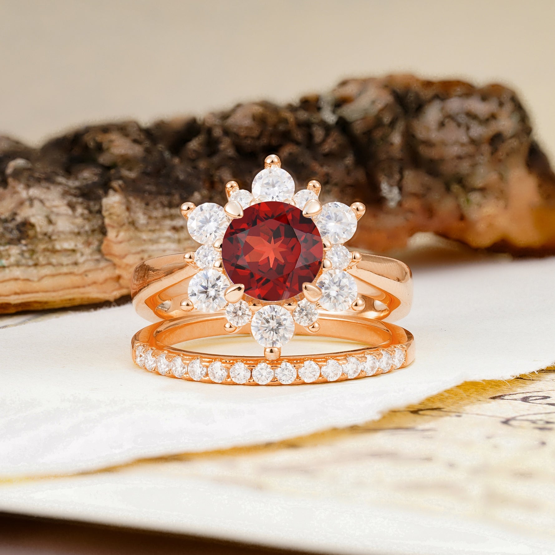 Natural Inspiration Flower Shape 4-Prong Round Cut Garnet Wedding Bride Ring Set - Additional view