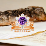 Natural Inspiration Flower Shape 4-Prong Round Cut Amethyst Wedding Bride Ring Set - Additional view