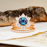 Natural Inspiration Flower Shape 4-Prong Round Cut Alexandrite Wedding Bride Ring Set - Additional view