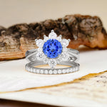 Natural Inspiration Flower Shape 4-Prong Round Cut Sapphire Wedding Bride Ring Set - Additional view