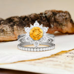 Natural Inspiration Flower Shape 4-Prong Round Cut Citrine Wedding Bride Ring Set - Additional view