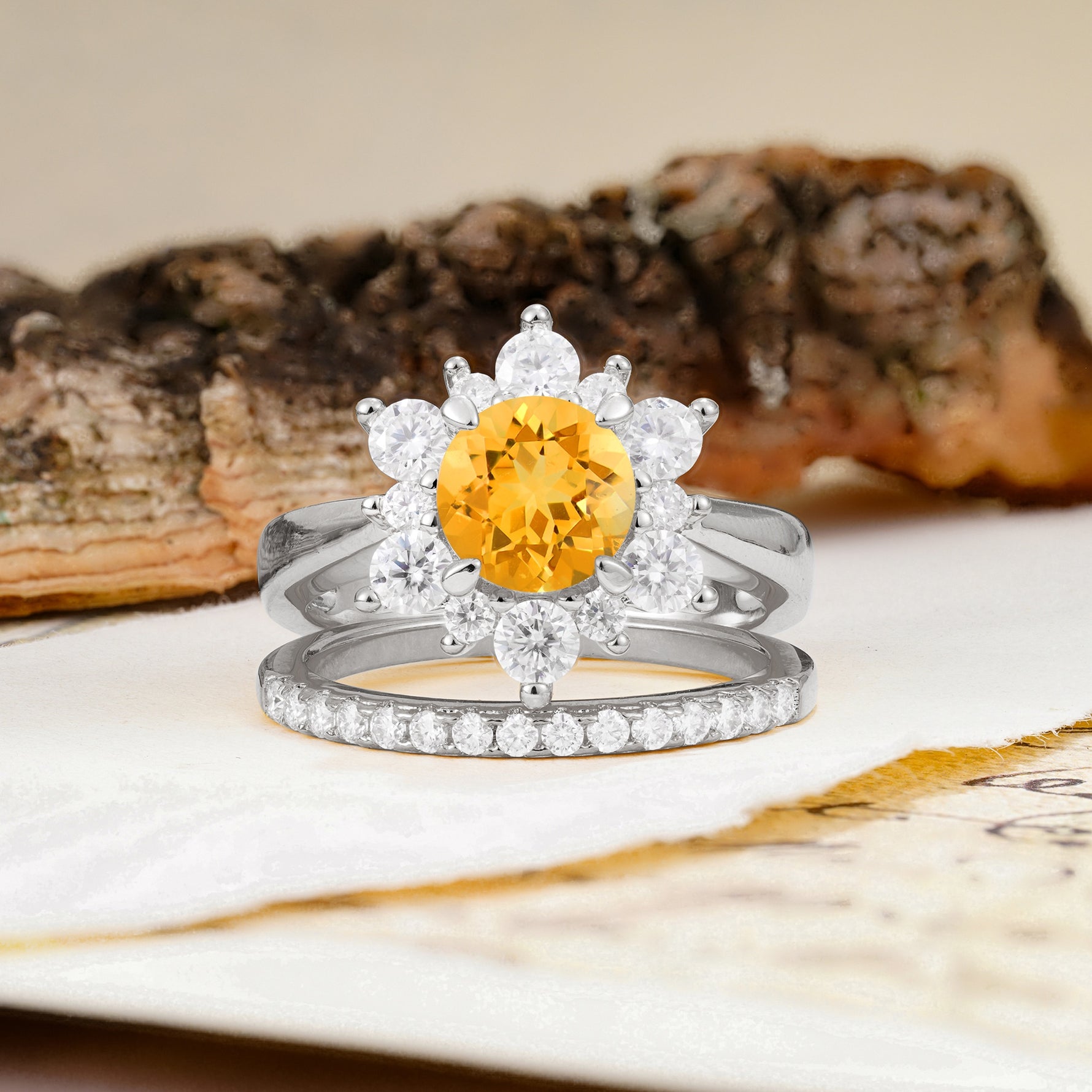 Natural Inspiration Flower Shape 4-Prong Round Cut Citrine Wedding Bride Ring Set - Additional view
