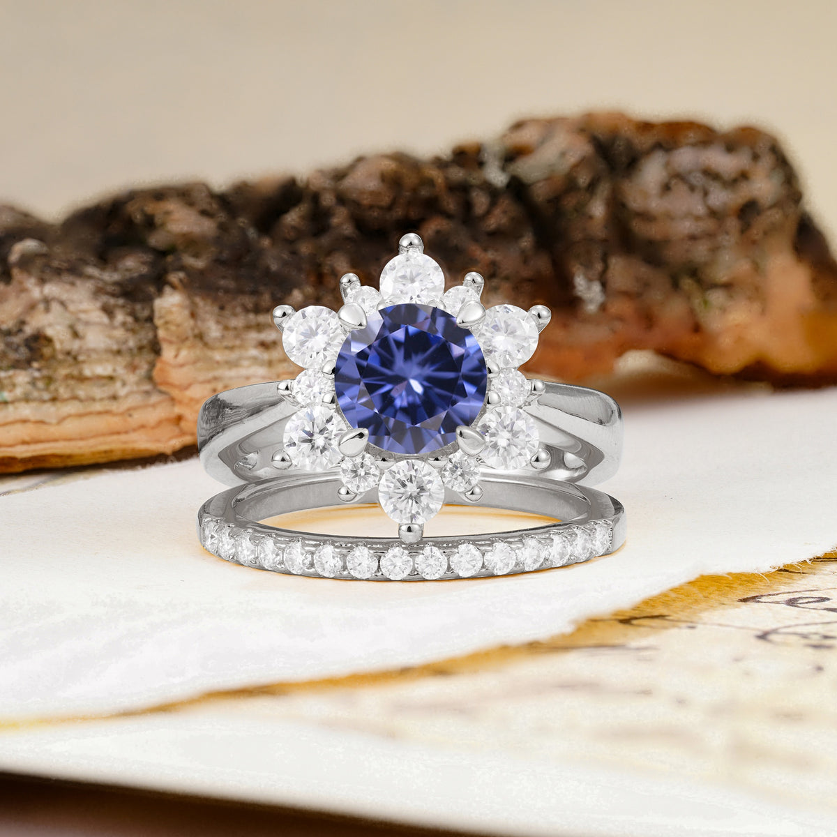 Natural Inspiration Flower Shape 4-Prong Round Cut Tanzanite Wedding Bride Ring Set - Additional view