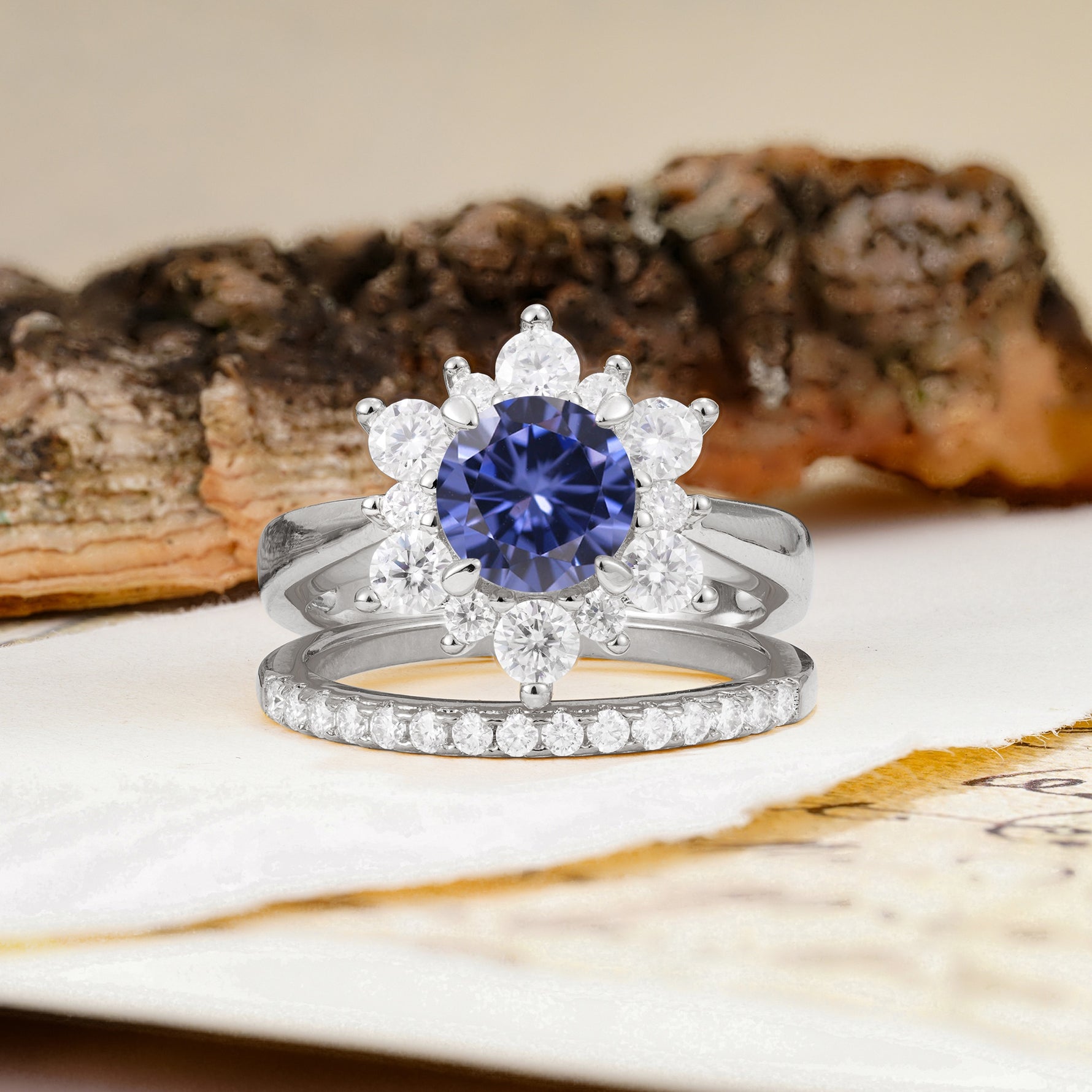 Natural Inspiration Flower Shape 4-Prong Round Cut Tanzanite Wedding Bride Ring Set - Additional view