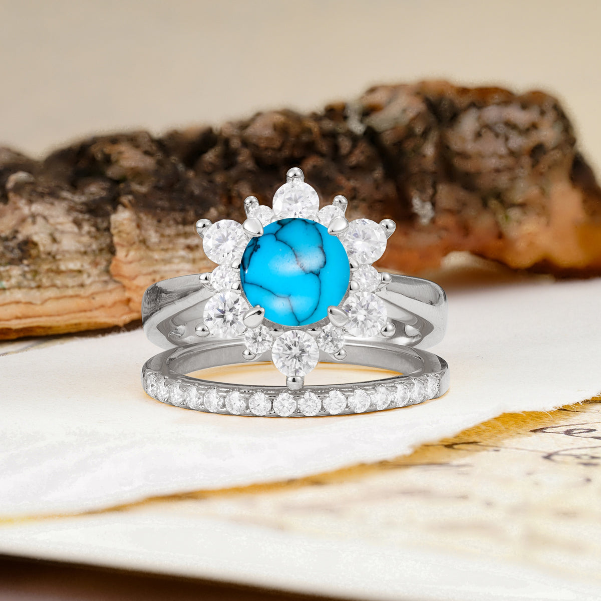 Natural Inspiration Flower Shape 4-Prong Round Cut Turquoise Wedding Bride Ring Set - Additional view
