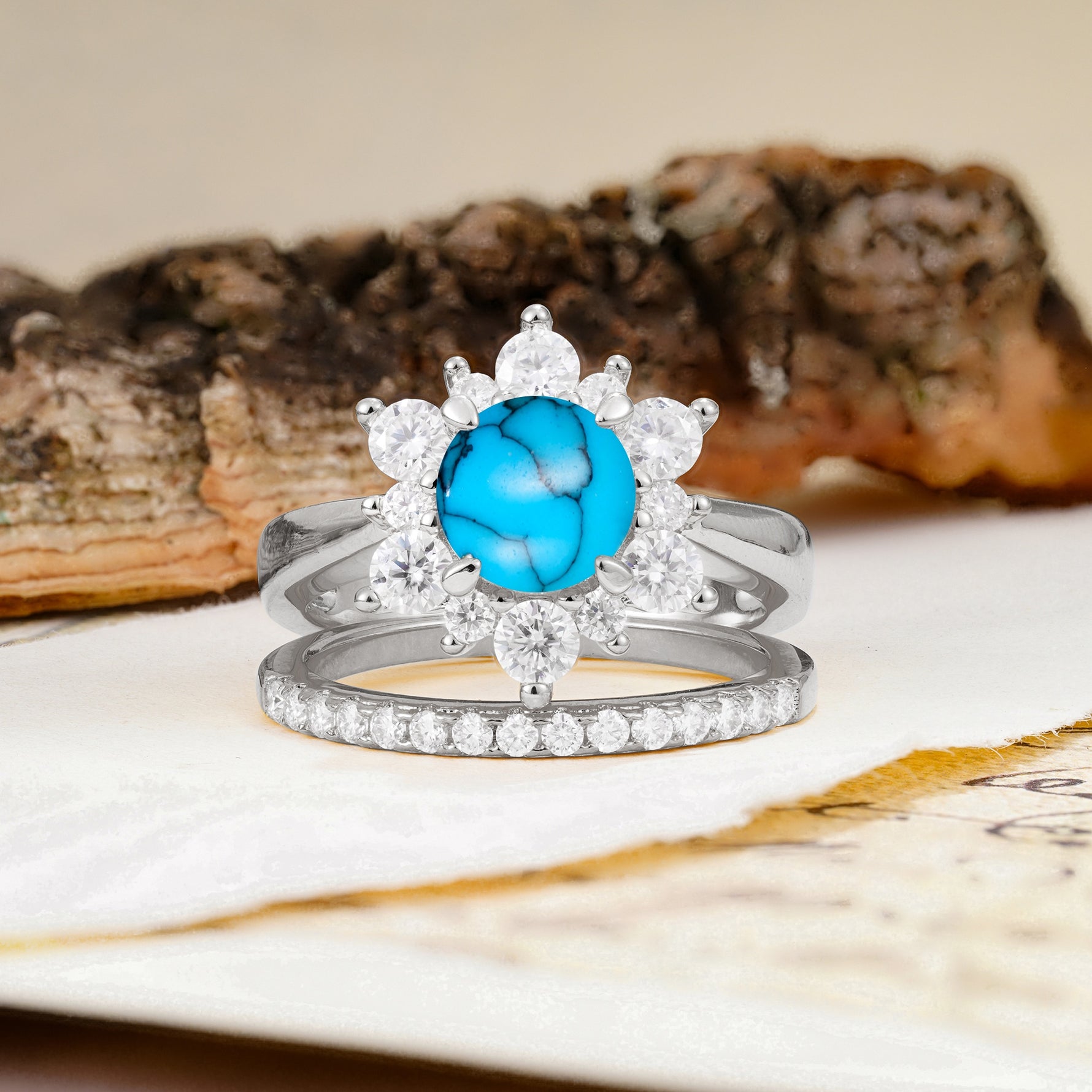 Natural Inspiration Flower Shape 4-Prong Round Cut Turquoise Wedding Bride Ring Set - Additional view