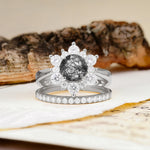 Natural Inspiration Flower Shape 4-Prong Round Cut Black Rutilated Quartz Wedding Bride Ring Set - Additional view