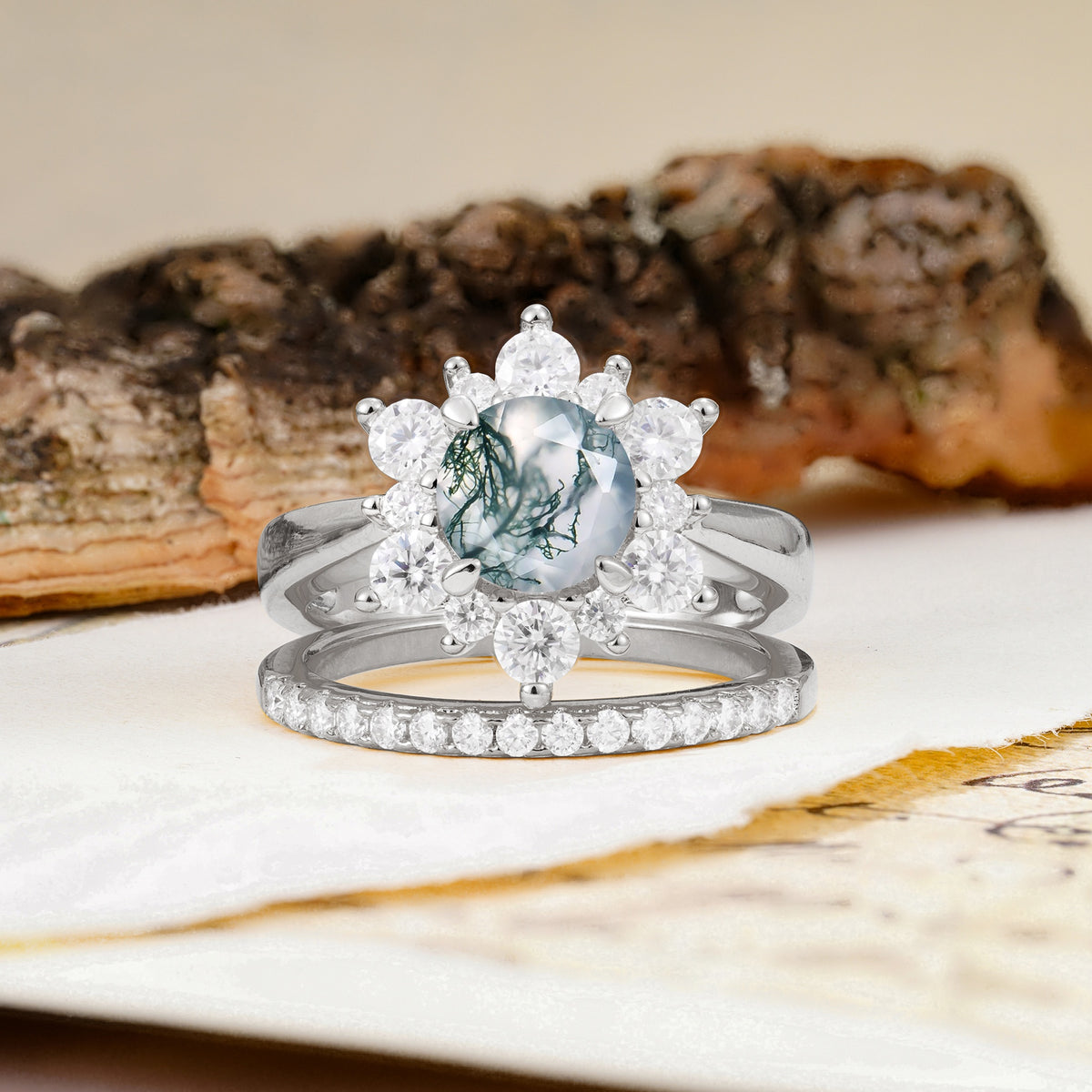 Natural Inspiration Flower Shape 4-Prong Round Cut Moss Agate Wedding Bride Ring Set - Additional view