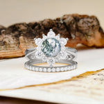 Natural Inspiration Flower Shape 4-Prong Round Cut Moss Agate Wedding Bride Ring Set - Additional view