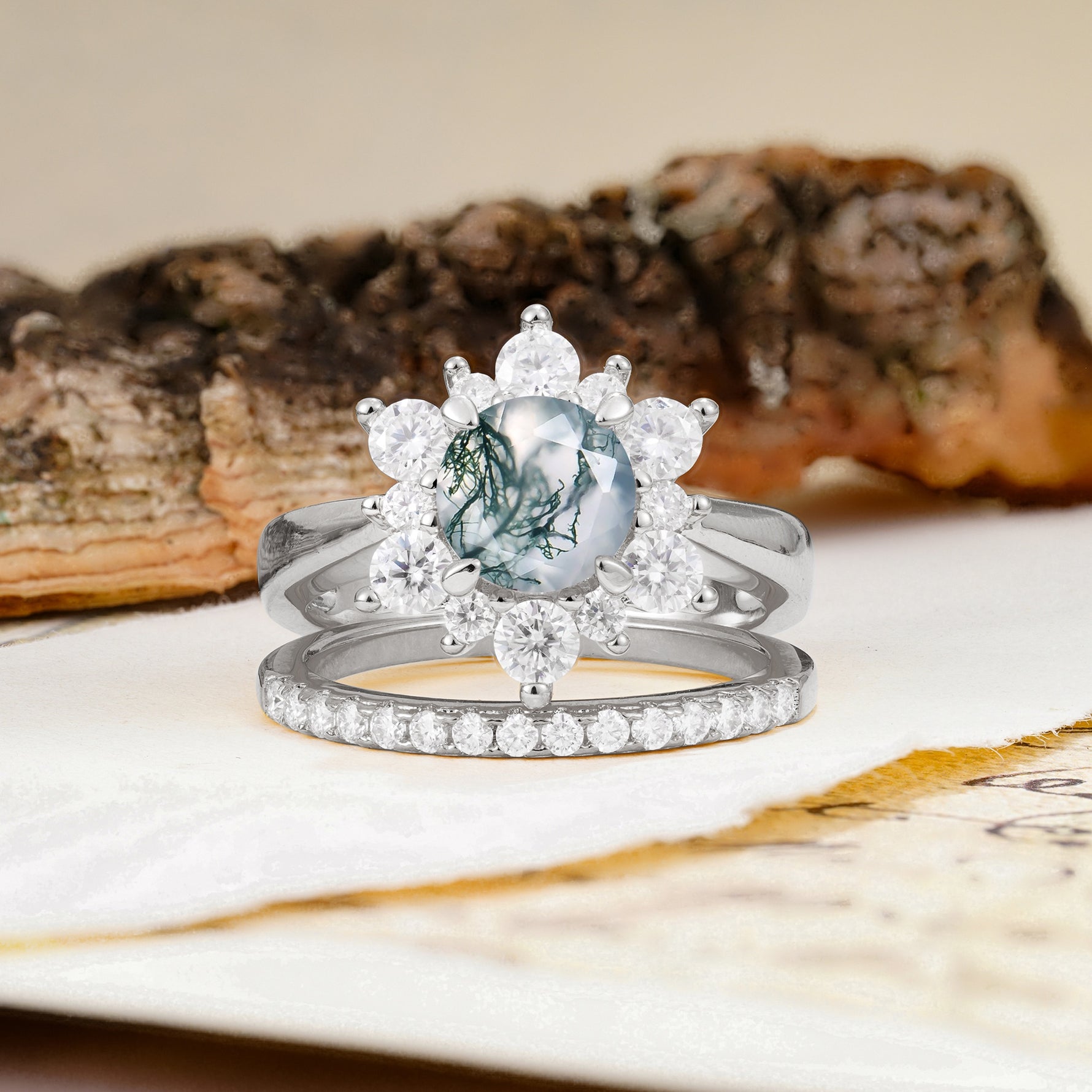 Natural Inspiration Flower Shape 4-Prong Round Cut Moss Agate Wedding Bride Ring Set - Additional view