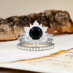 Natural Inspiration Flower Shape 4-Prong Round Cut Black Onyx Wedding Bride Ring Set - Additional view
