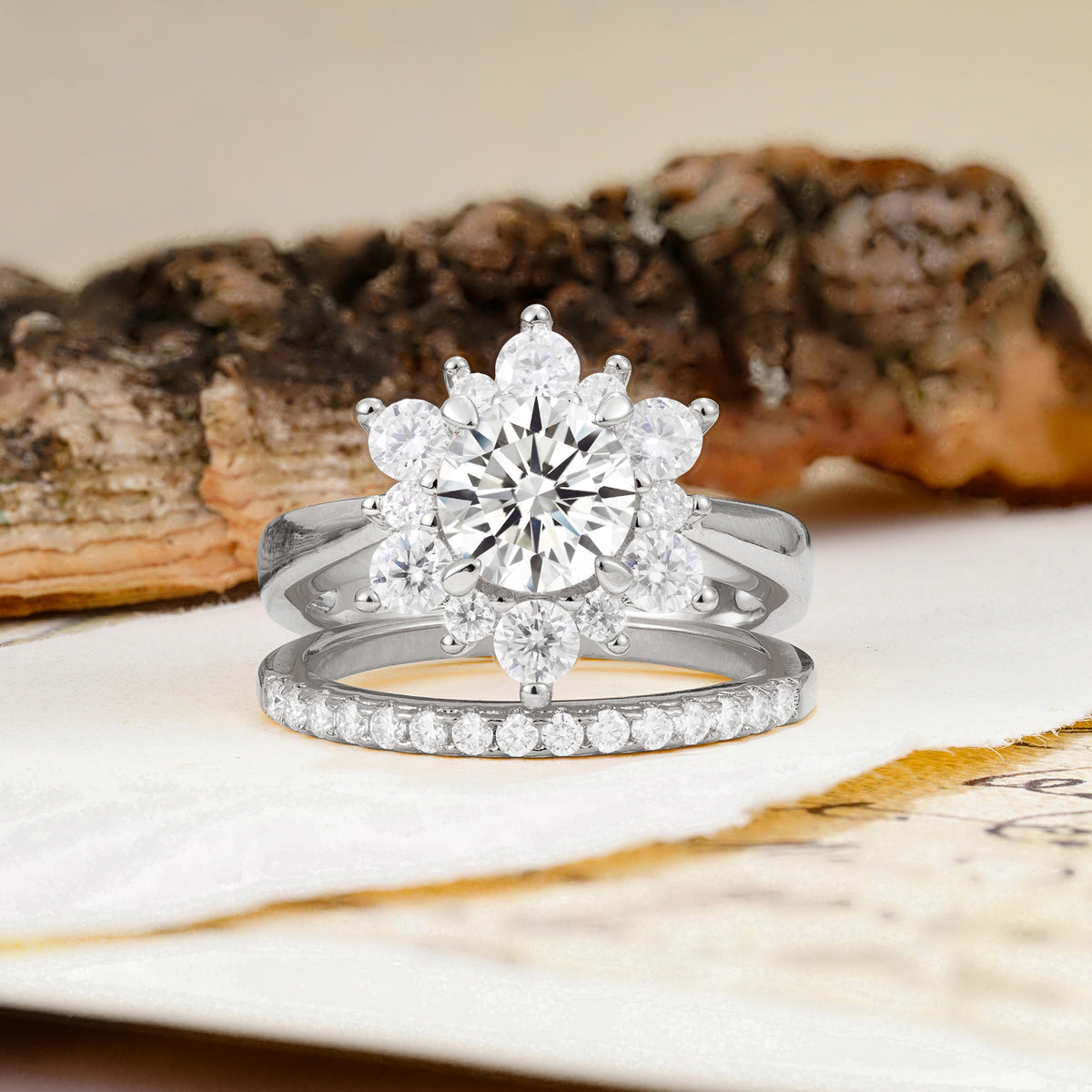 Natural Inspiration Flower Shape 4-Prong Round Cut Lab Diamond Wedding Bride Ring Set - Additional view