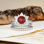 Natural Inspiration Flower Shape 4-Prong Round Cut Garnet Wedding Bride Ring Set - Additional view