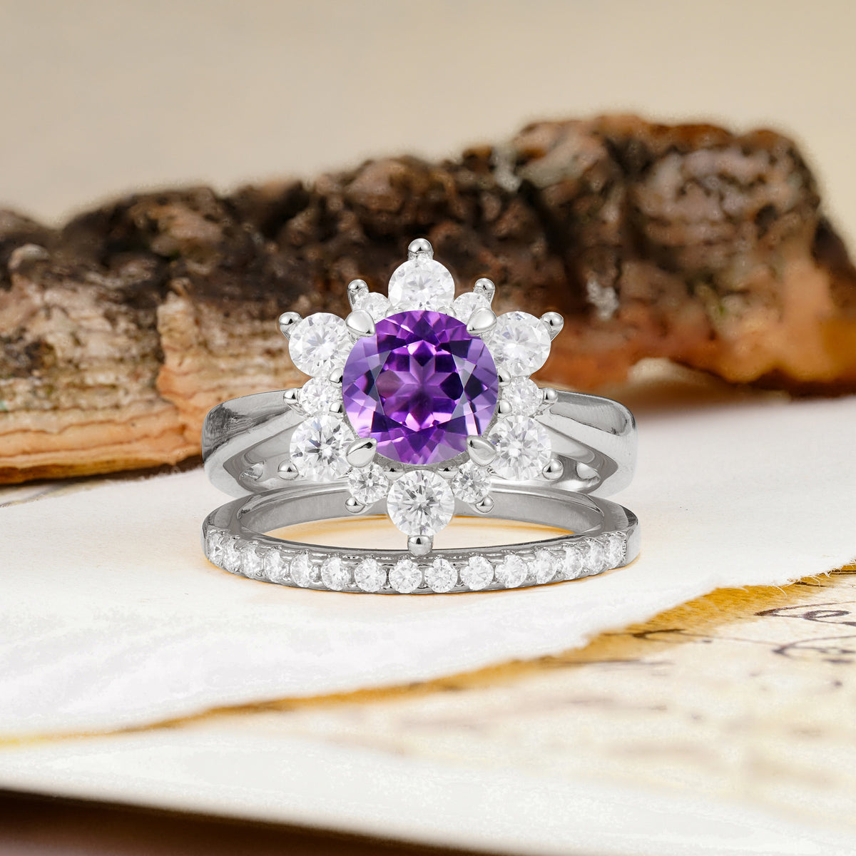 Natural Inspiration Flower Shape 4-Prong Round Cut Amethyst Wedding Bride Ring Set - Additional view