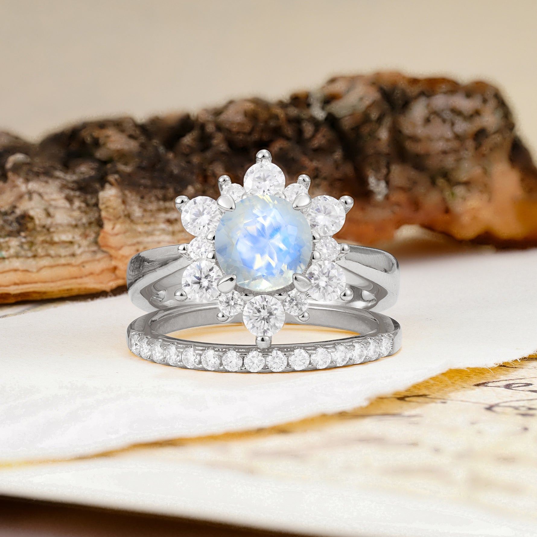 Natural Inspiration Flower Shape 4-Prong Round Cut Moonstone Wedding Bride Ring Set - Additional view