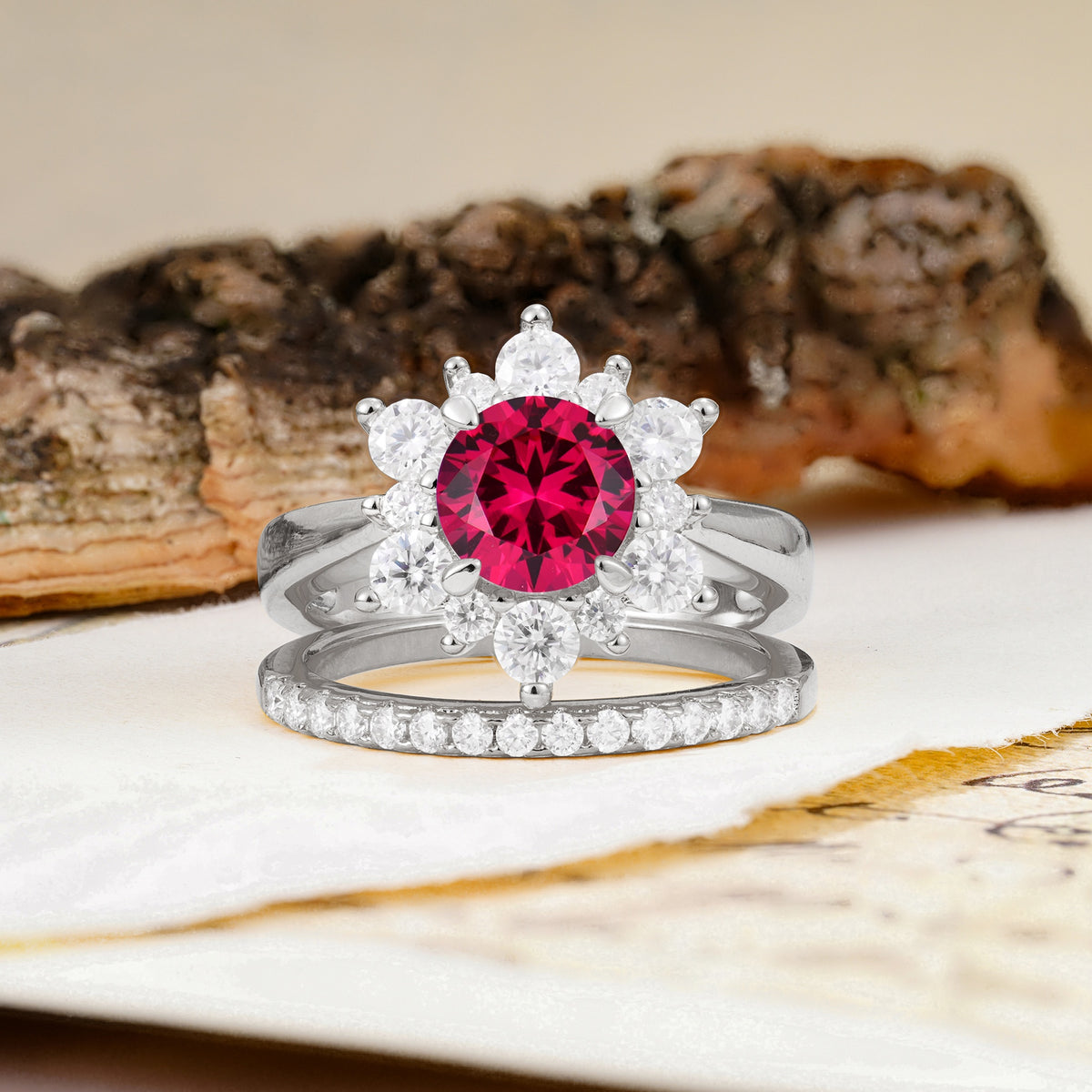 Natural Inspiration Flower Shape 4-Prong Round Cut Ruby Wedding Bride Ring Set - Additional view