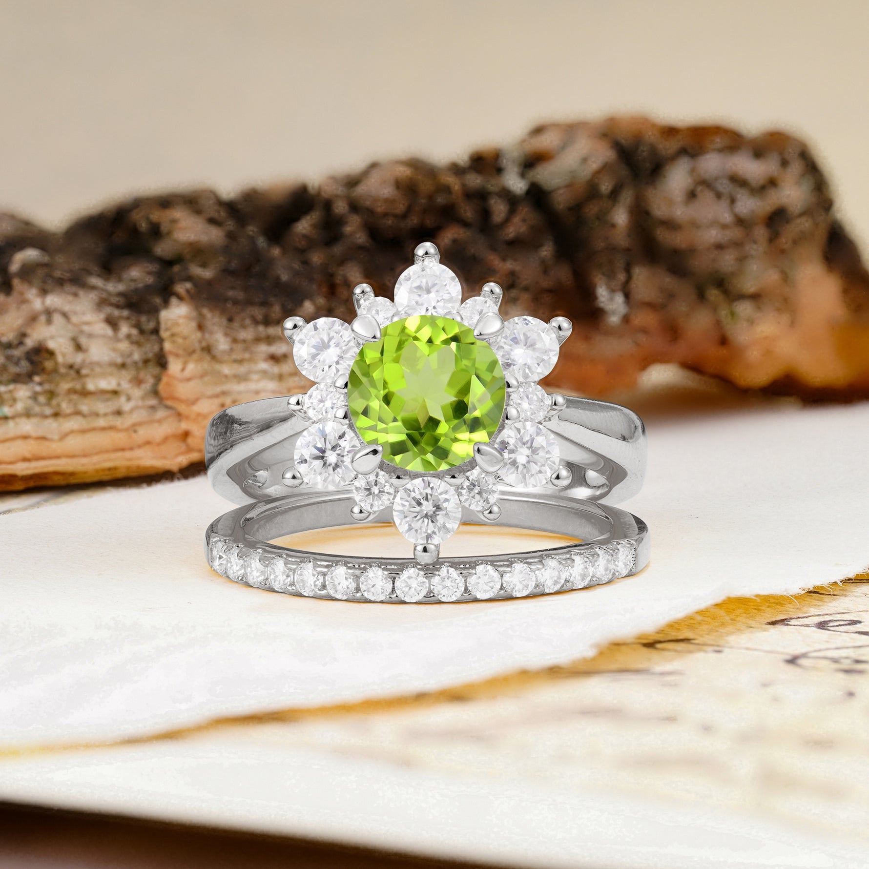 Natural Inspiration Flower Shape 4-Prong Round Cut Peridot Wedding Bride Ring Set - Additional view