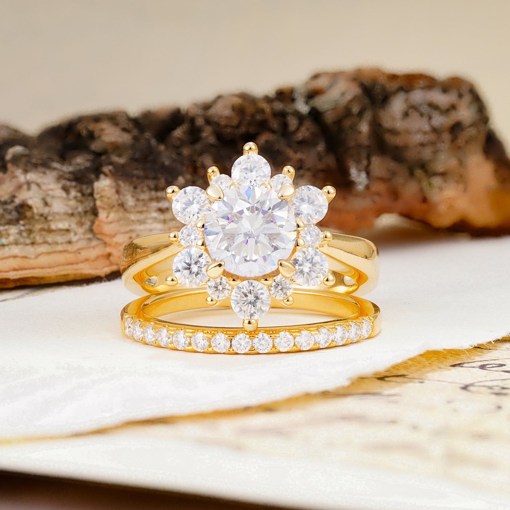 Natural Inspiration Flower Shape 4-Prong Round Cut Moissanite Wedding Bride Ring Set - Additional view