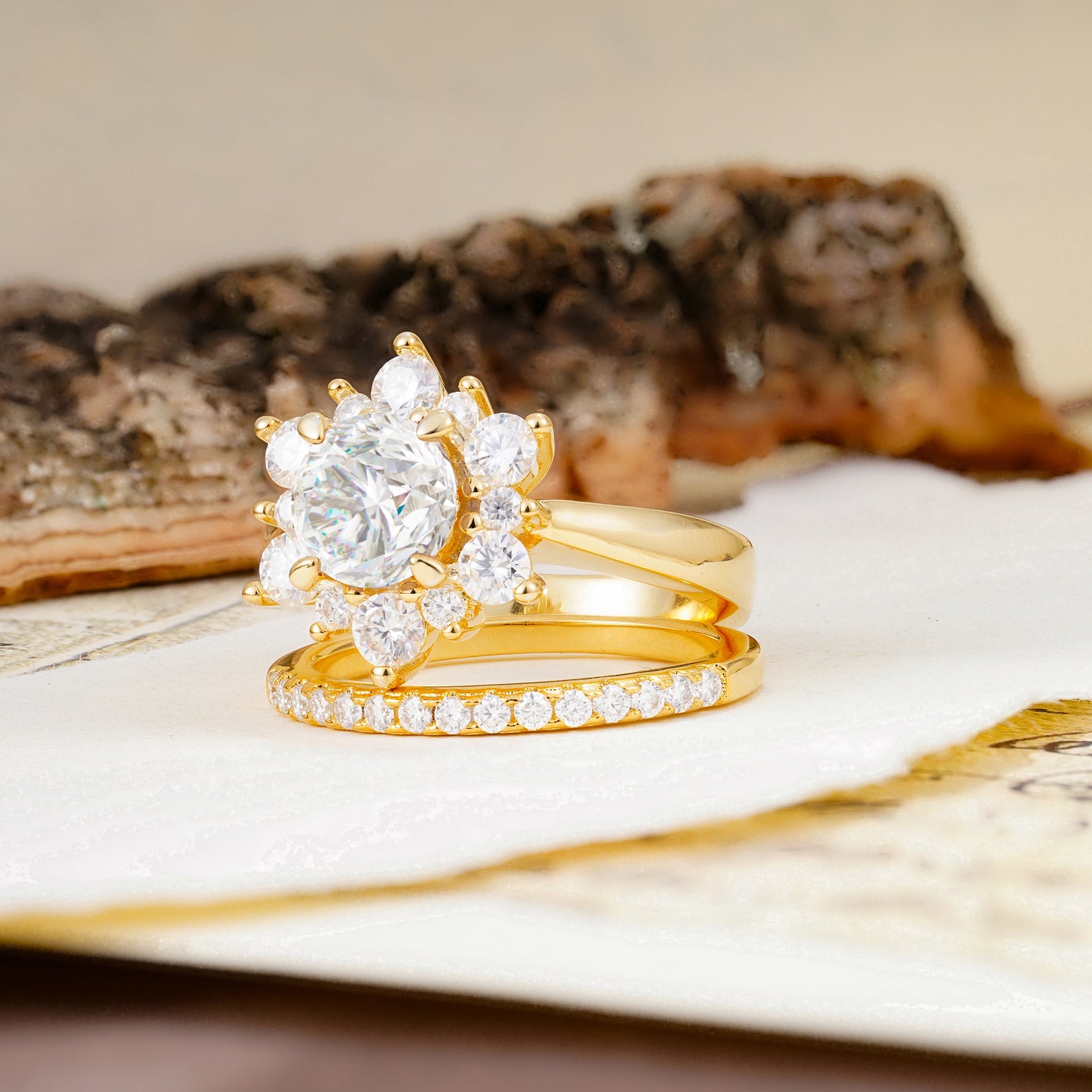 Natural Inspiration Flower Shape 4-Prong Round Cut Moissanite Wedding Bride Ring Set - Additional view
