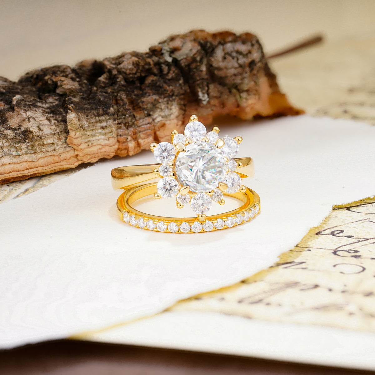 Natural Inspiration Flower Shape 4-Prong Round Cut Moissanite Wedding Bride Ring Set - Additional view