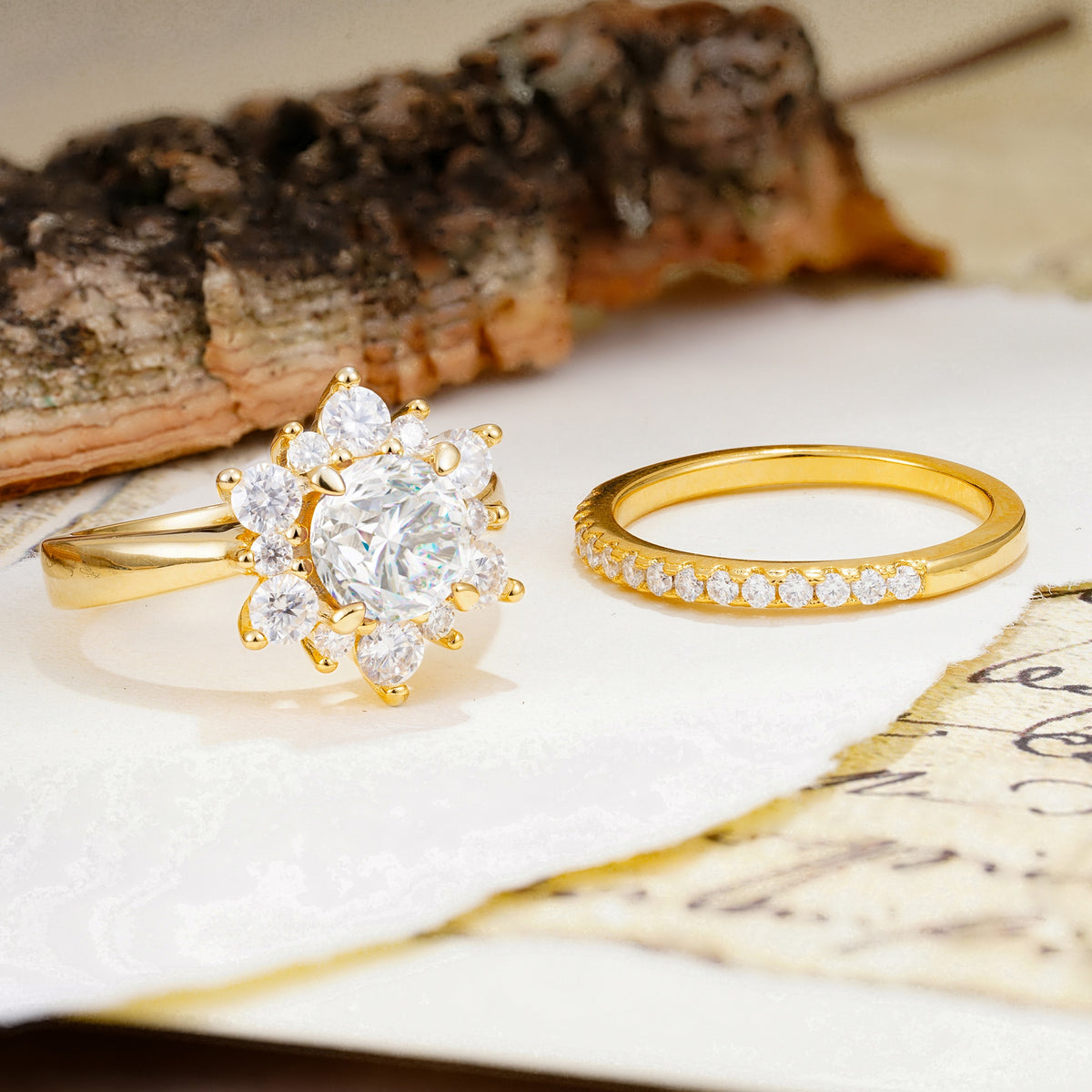 Natural Inspiration Flower Shape 4-Prong Round Cut Moissanite Wedding Bride Ring Set - Additional view