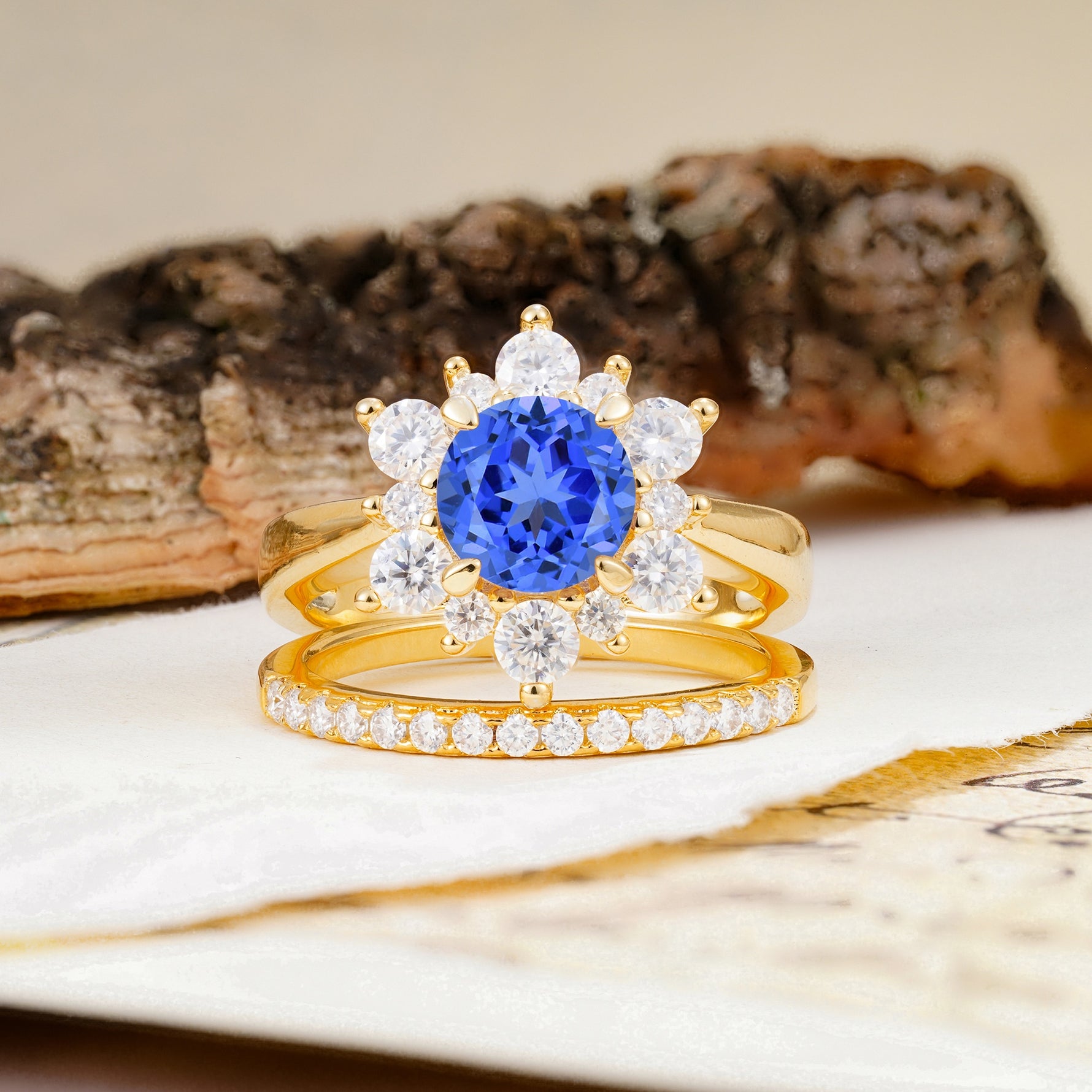 Natural Inspiration Flower Shape 4-Prong Round Cut Sapphire Wedding Bride Ring Set - Additional view