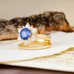 Natural Inspiration Flower Shape 4-Prong Round Cut Sapphire Wedding Bride Ring Set - Additional view