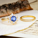 Natural Inspiration Flower Shape 4-Prong Round Cut Sapphire Wedding Bride Ring Set - Additional view