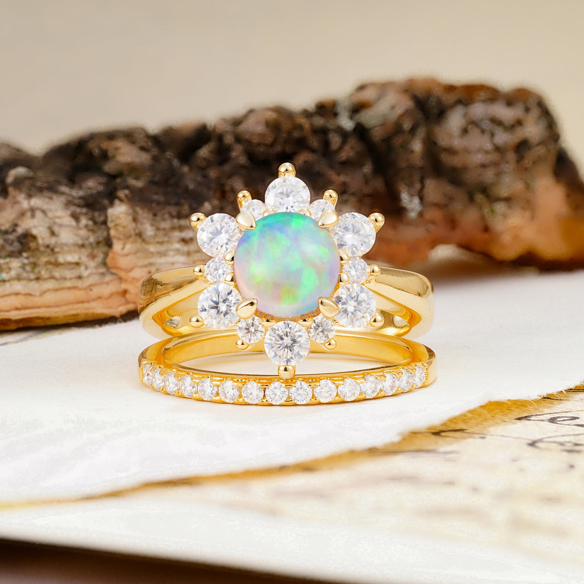 Natural Inspiration Flower Shape 4-Prong Round Cut Fire Opal Wedding Bride Ring Set - Additional view