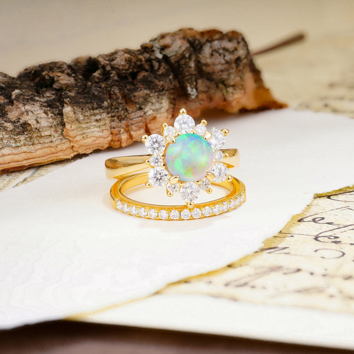 Natural Inspiration Flower Shape 4-Prong Round Cut Fire Opal Wedding Bride Ring Set - Additional view
