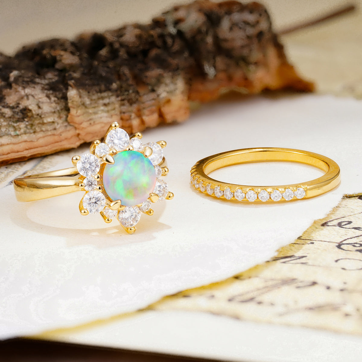 Natural Inspiration Flower Shape 4-Prong Round Cut Fire Opal Wedding Bride Ring Set - Additional view