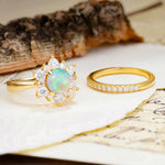 Natural Inspiration Flower Shape 4-Prong Round Cut Fire Opal Wedding Bride Ring Set - Additional view