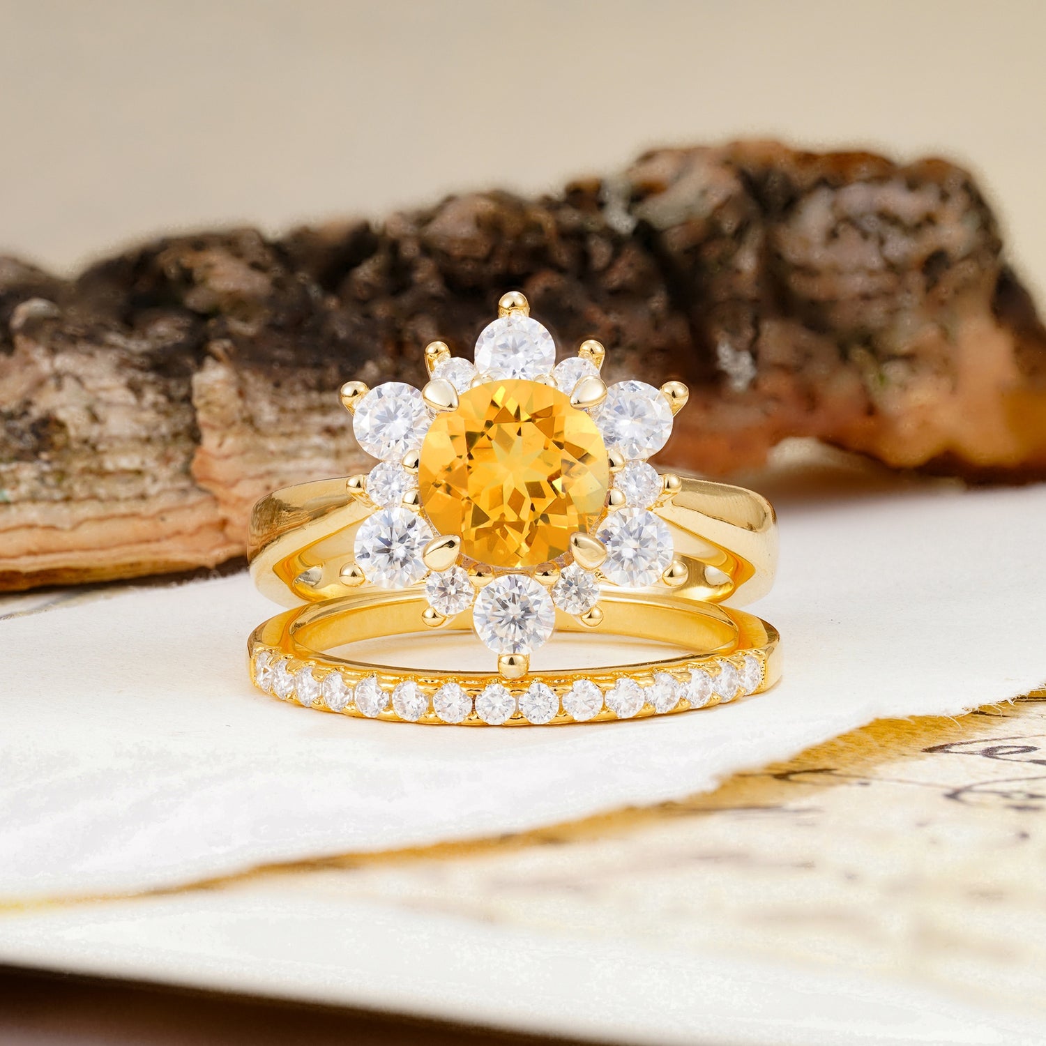 Natural Inspiration Flower Shape 4-Prong Round Cut Citrine Wedding Bride Ring Set - Additional view